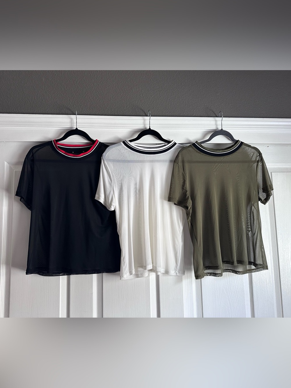 Set of 3 Sheer Mesh Tops with Contrasting Trim
